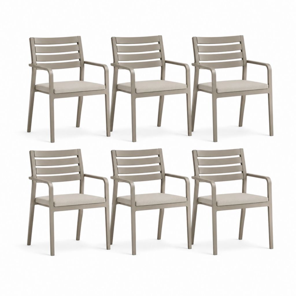 6er Set Gartenstühle Taupe aus PP Kunststoff mit beigen Polyester-Sitzkissen 57 x 60 x 83 cm