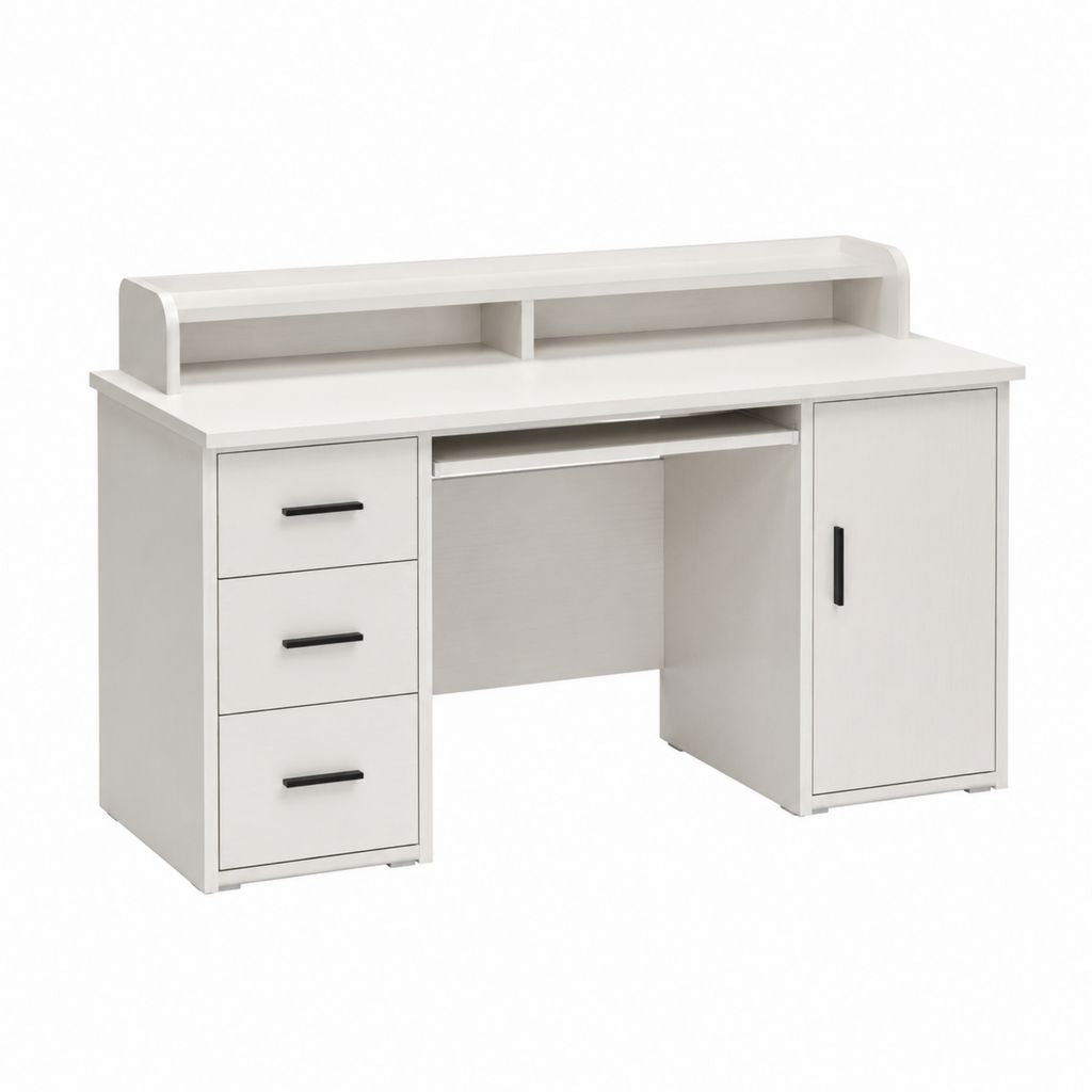 Schreibtisch Weiß aus Spanplatte rechteckig mit Aufsatz 4 Schubladen und Tür 120 x 55 x 90 cm