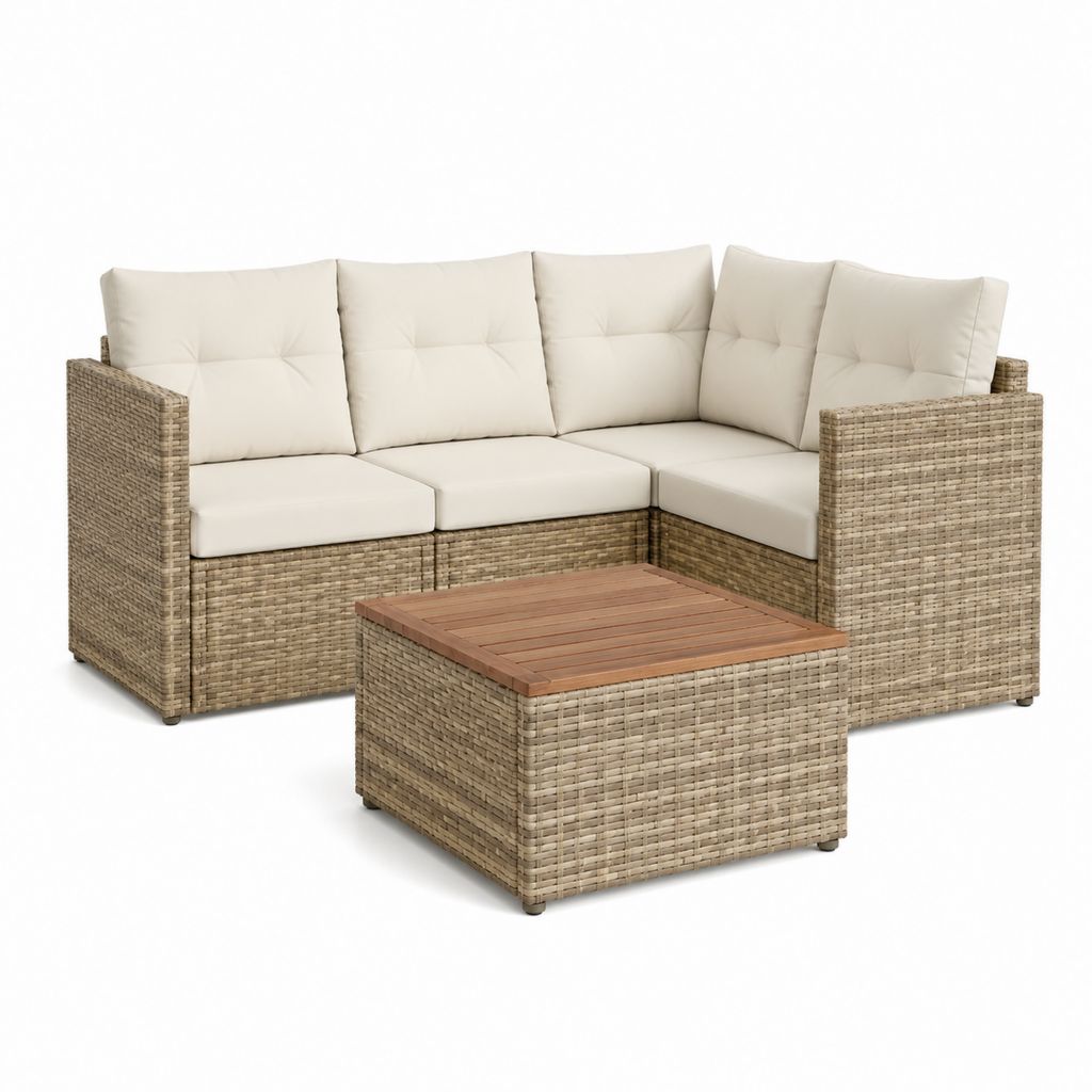 Gartenlounge Set Ecksofa mit Couchtisch Natur Beige PE-Rattan Stahl 200 x 140 x 65 cm