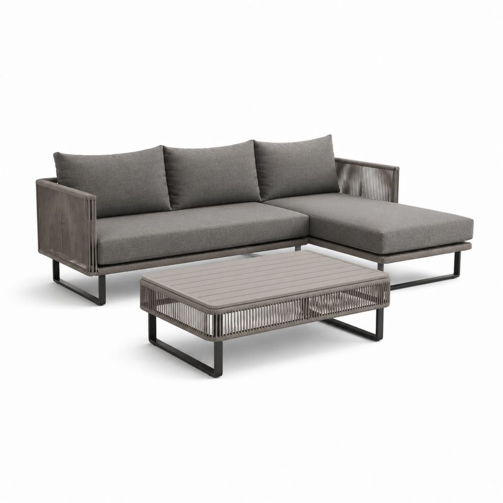 3-teiliges Gartenlounge-Set mit L-förmigem Sofa und Couchtisch Grau Aluminium PE-Seil 220 x 145 cm