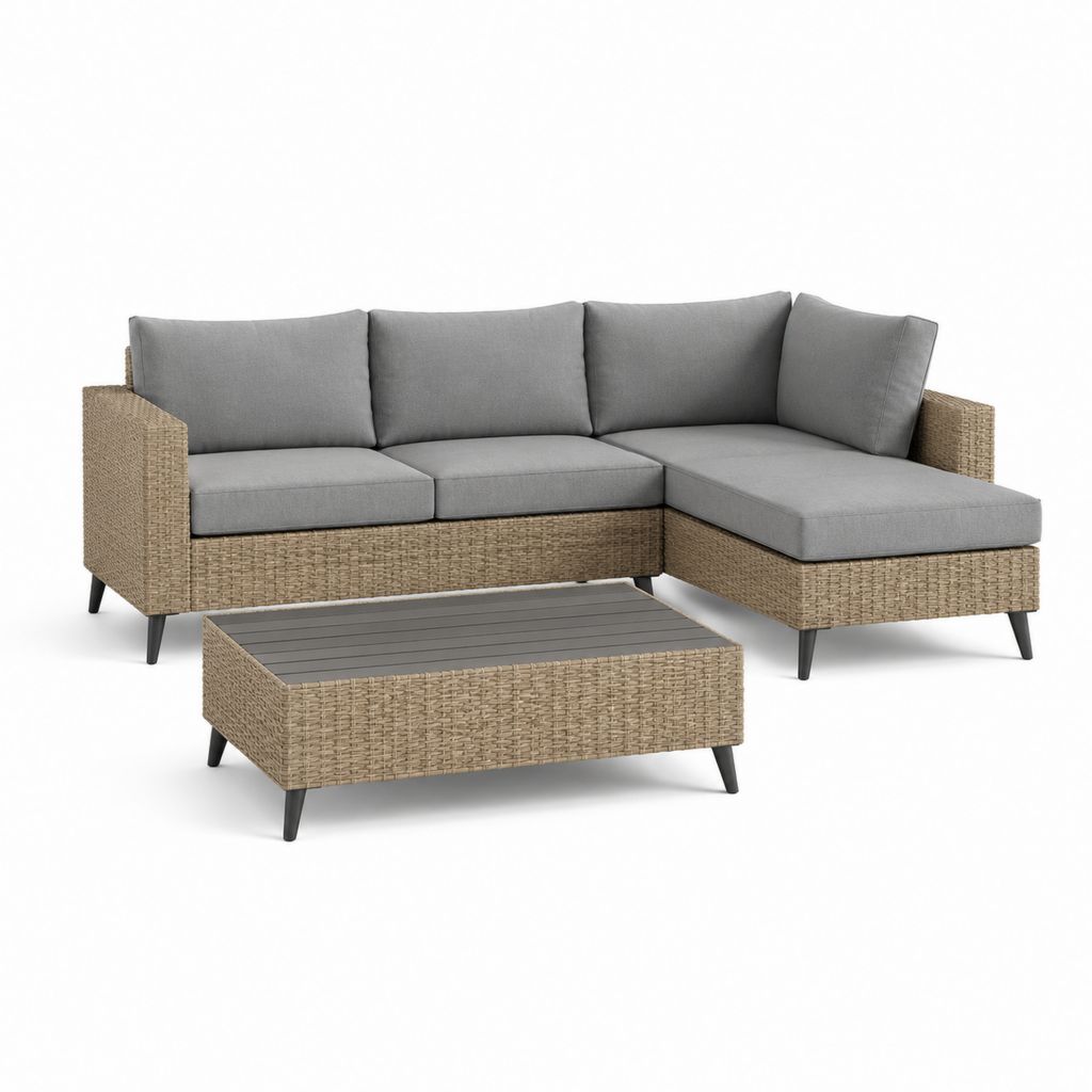 Gartenlounge Set Ecksofa mit Chaiselongue Beige Grau Polyrattan Stahl 200 x 140 x 65 cm