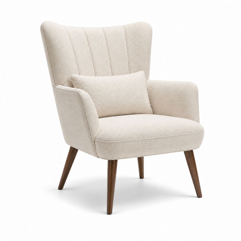 Ohrensessel Beige mit Polyester-Bouclébezug und Massivholzbeinen 76 x 85 x 105 cm