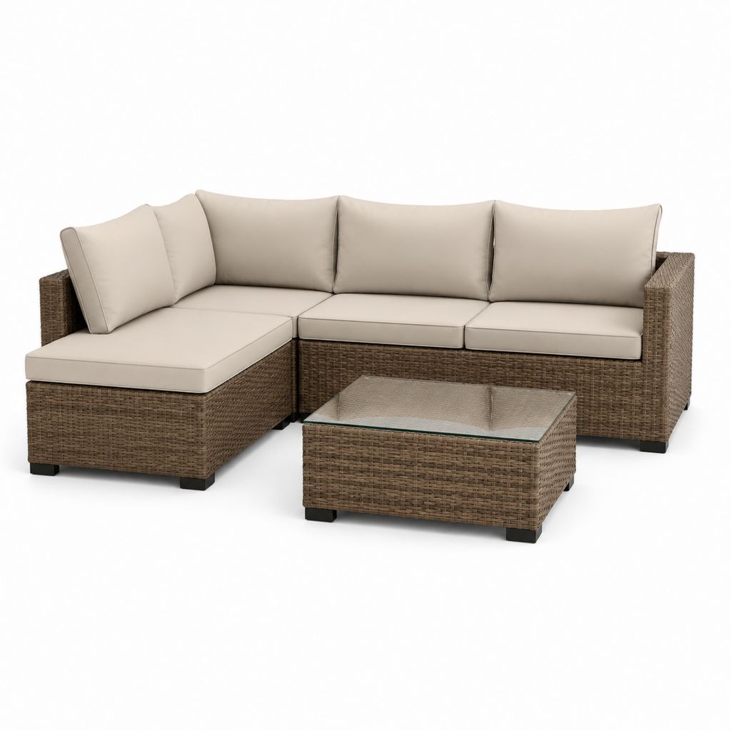 Gartenlounge Set Polyrattan Braun mit beigen Polyesterkissen L-Form 230 x 150 x 75 cm