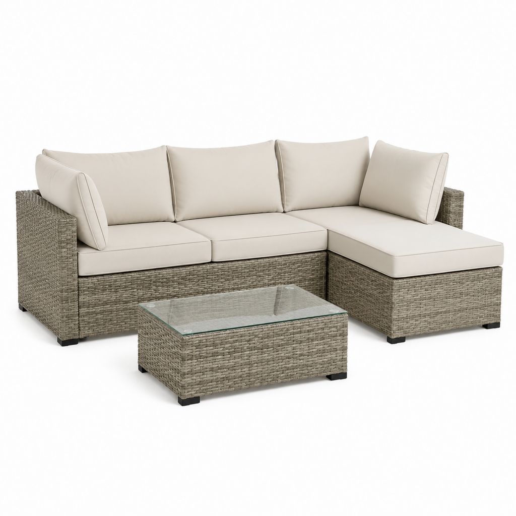 Gartensofa Lounge-Set 3-teilig Taupe PE-Rattangeflecht L-Form mit Glastisch 210 x 140 cm