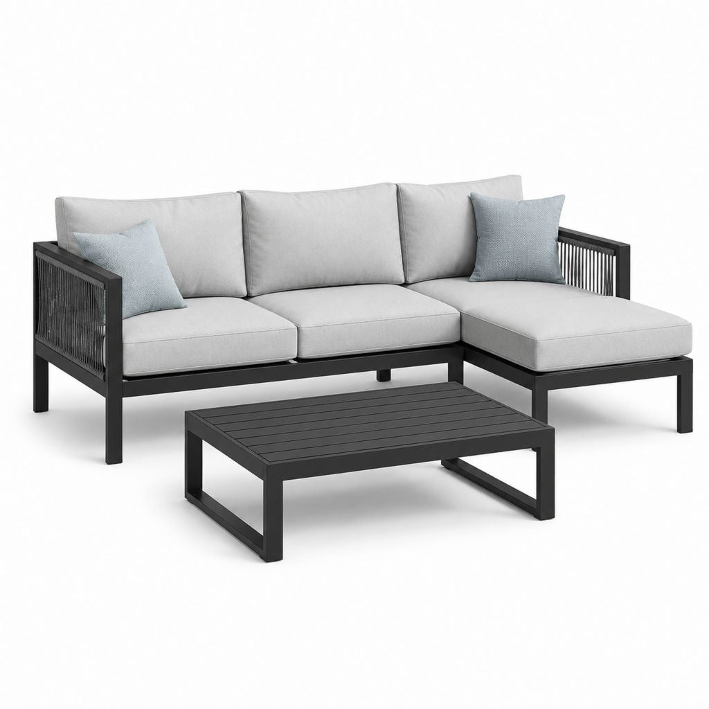 Gartenlounge Set L-Form Schwarz Hellgrau Aluminium Polyester 200 x 140 x 70 cm mit Couchtisch