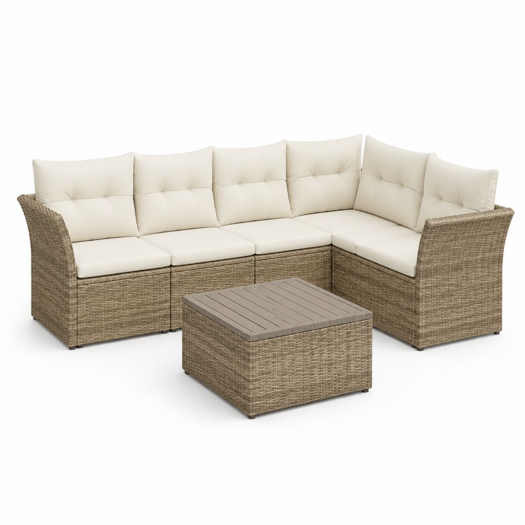 Gartensofa Ecklounge Set Beige Polyrattan mit Couchtisch 220 x 180 x 82 cm