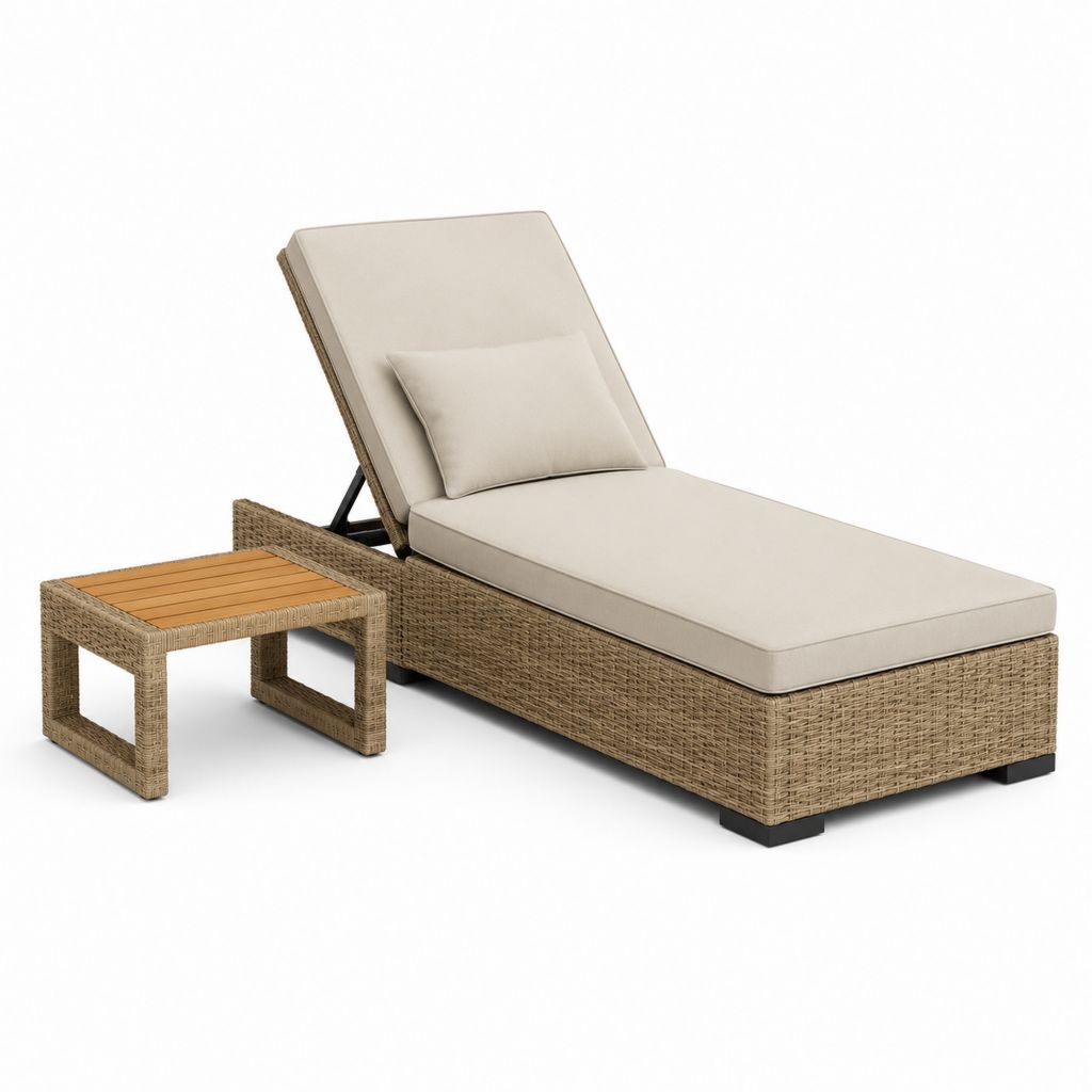 Gartenliegen Set Natur PE-Rattan mit beigen Polyesterpolstern 200 x 70 x 35 cm und Beistelltisch 45 x 45 x 40 cm