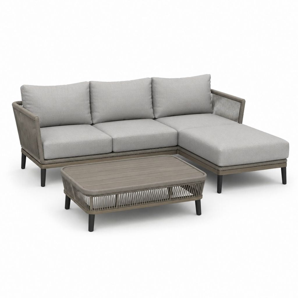 Gartenlounge Set mit Ecksofa und Couchtisch Grau Aluminium Seilgeflecht 220 x 150 cm