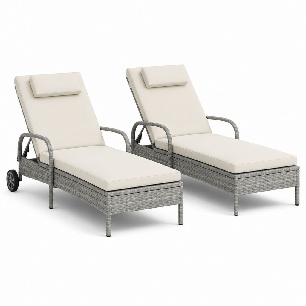 2er Set Gartenliegen Grau Polyethylen-Rattan mit Creme Polyesterpolstern 198 x 60 x 30 cm