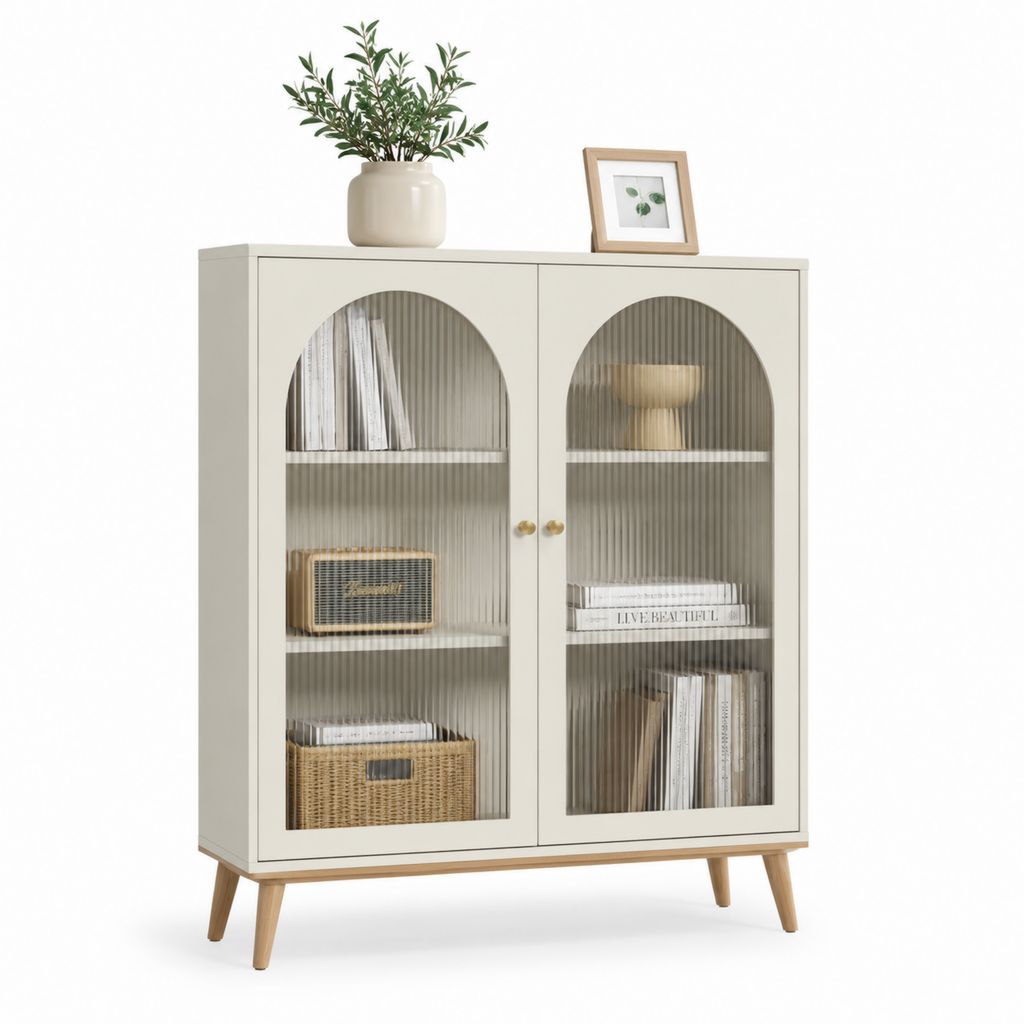 Vitrinenschrank Beige aus MDF und geriffeltem Sicherheitsglas mit 2 Türen 80 x 40 x 110 cm