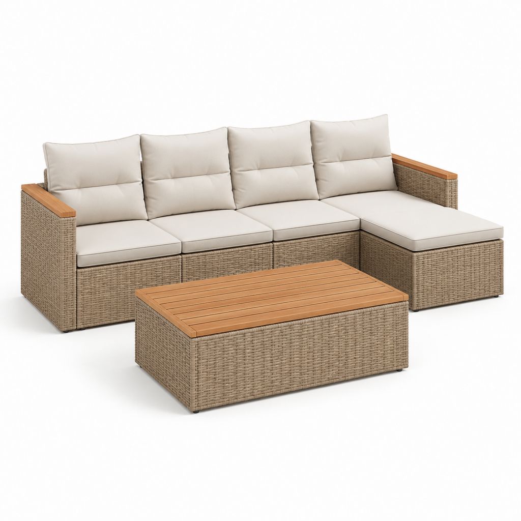 Gartenlounge Ecksofa Set Beige Polyrattan Akazienholz L-Form 245 x 155 x 85 cm