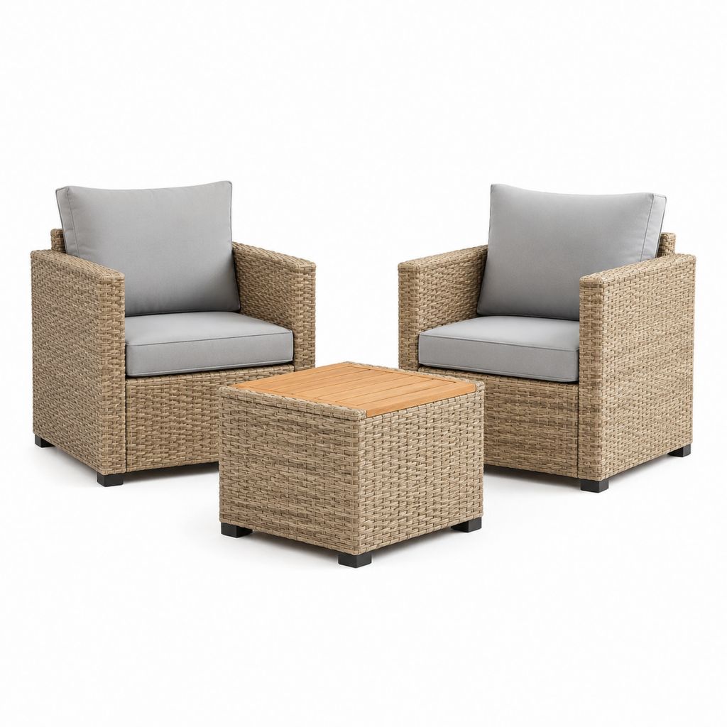 3-teiliges Gartenmöbel-Set mit 2 Polyrattan Sesseln und quadratischem Tisch Beige Grau 65 x 65 x 75 cm